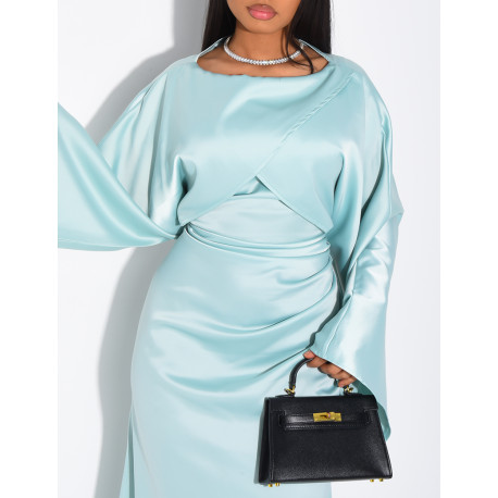 Long draped satin dress with tie at the back