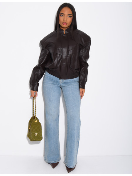 Short grained faux leather bomber jacket with shoulder pads