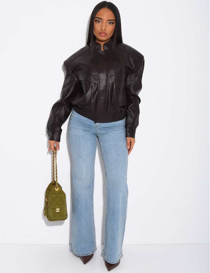 Short grained faux leather bomber jacket with shoulder pads