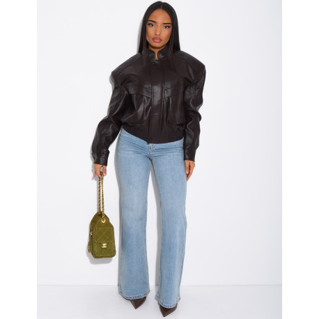 Short grained faux leather bomber jacket with shoulder pads
