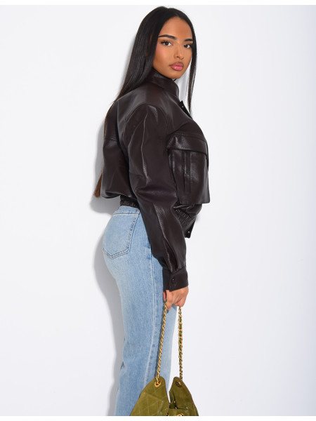 Short grained faux leather bomber jacket with shoulder pads