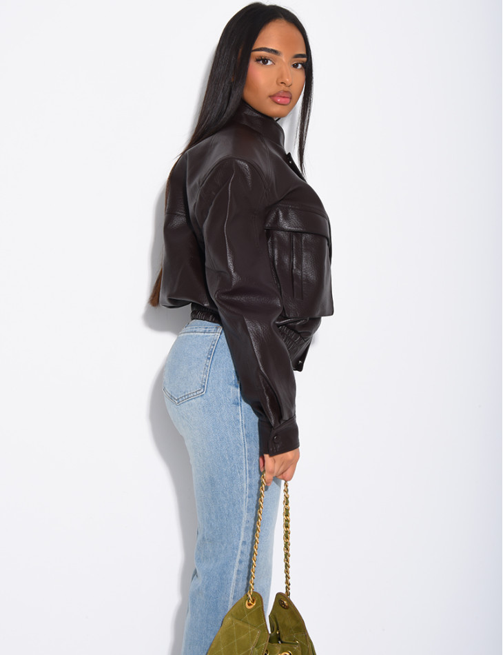 Short grained faux leather bomber jacket with shoulder pads