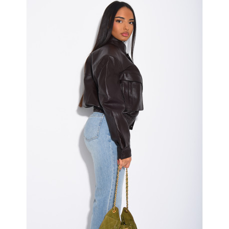 Short grained faux leather bomber jacket with shoulder pads