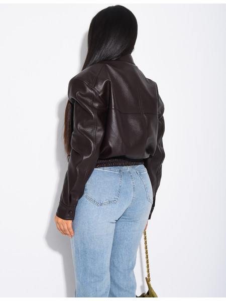 Short grained faux leather bomber jacket with shoulder pads