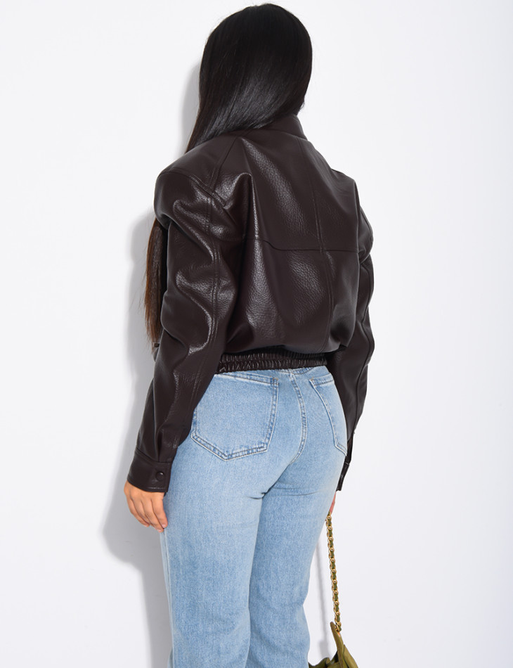 Short grained faux leather bomber jacket with shoulder pads