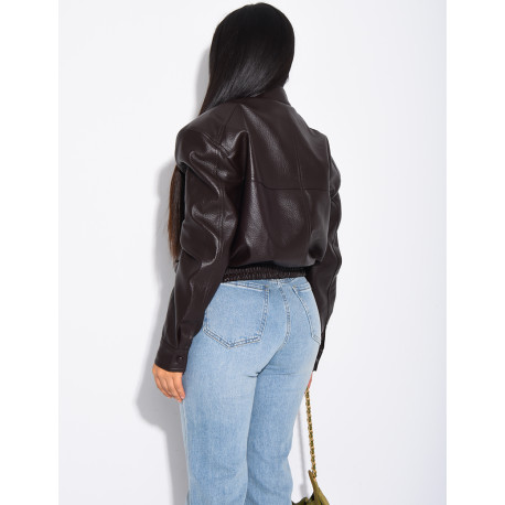 Short grained faux leather bomber jacket with shoulder pads
