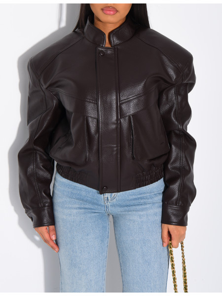 Short grained faux leather bomber jacket with shoulder pads