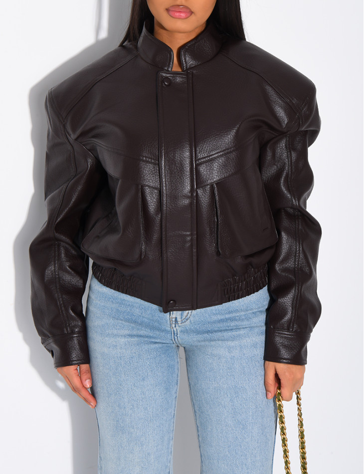 Short grained faux leather bomber jacket with shoulder pads