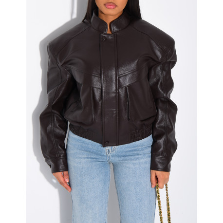 Short grained faux leather bomber jacket with shoulder pads