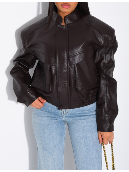 Short grained faux leather bomber jacket with shoulder pads