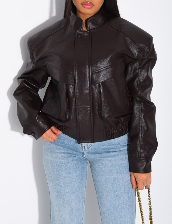 Short grained faux leather bomber jacket with shoulder pads