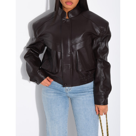 Short grained faux leather bomber jacket with shoulder pads