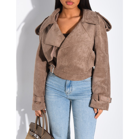 Kurze Perfecto-Jacke aus Wildlederimitat zum Binden