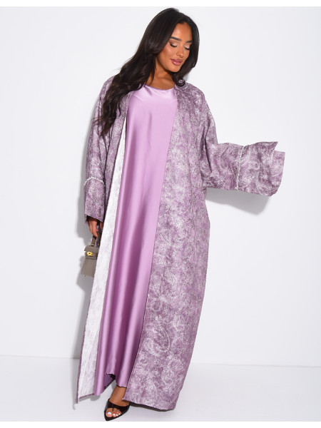 Satin dress and textured kimono set with pearls at the cuffs