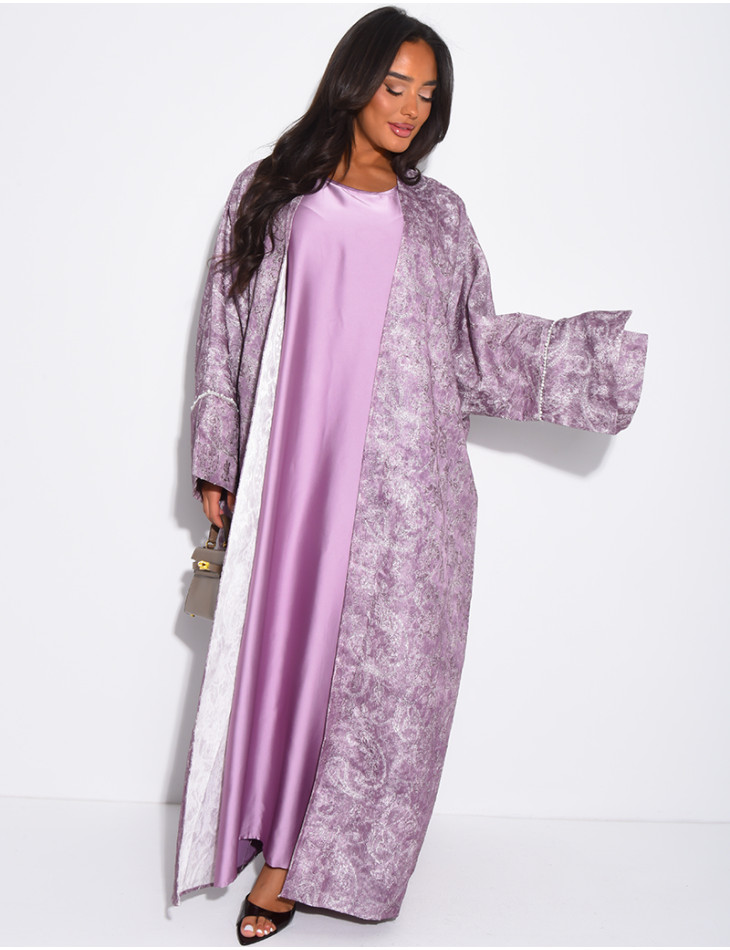 Satin dress and textured kimono set with pearls at the cuffs