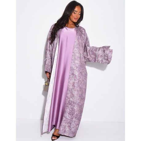 Satin dress and textured kimono set with pearls at the cuffs