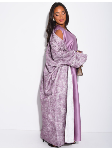 Satin dress and textured kimono set with pearls at the cuffs