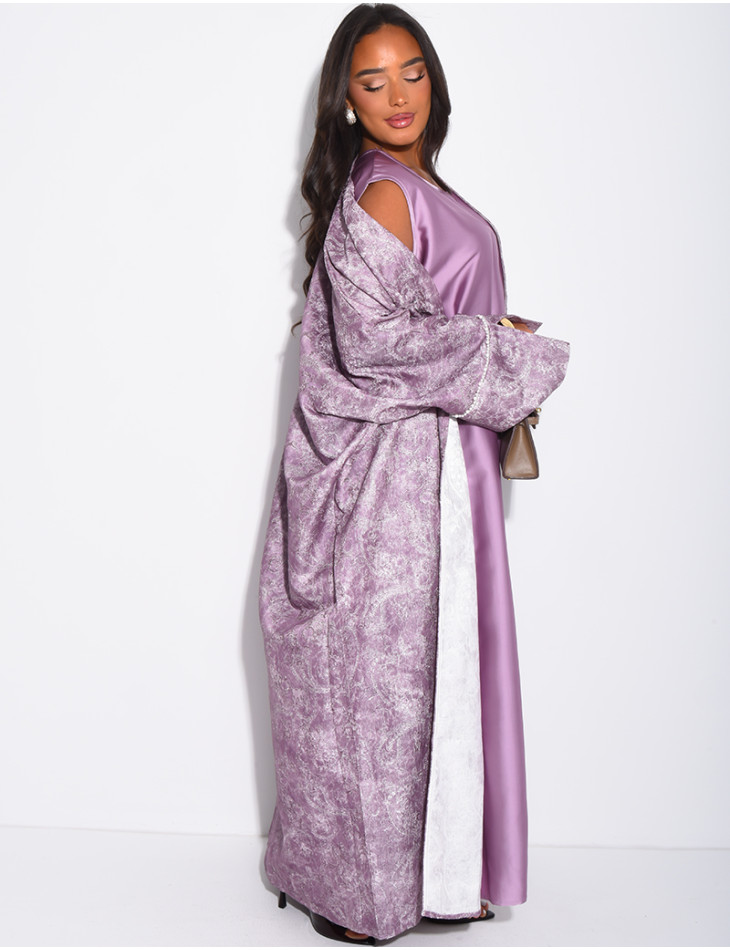 Satin dress and textured kimono set with pearls at the cuffs