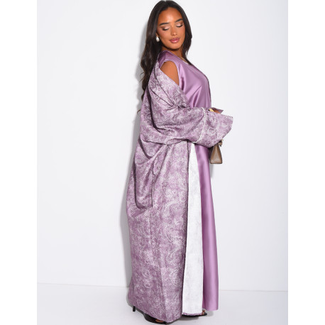 Satin dress and textured kimono set with pearls at the cuffs