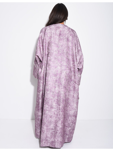 Satin dress and textured kimono set with pearls at the cuffs