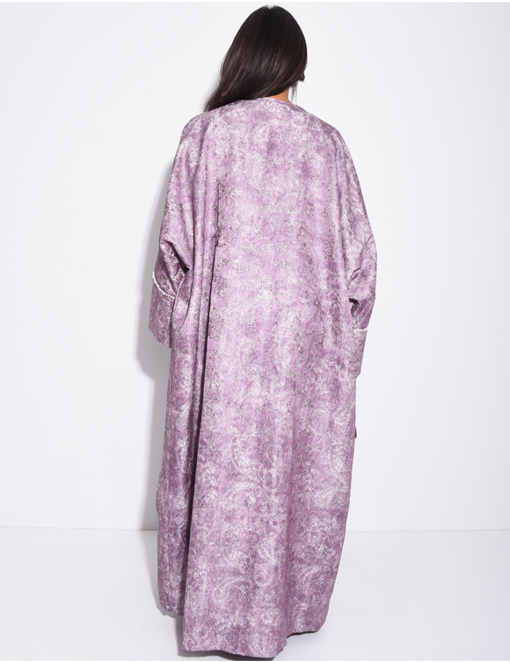 Satin dress and textured kimono set with pearls at the cuffs