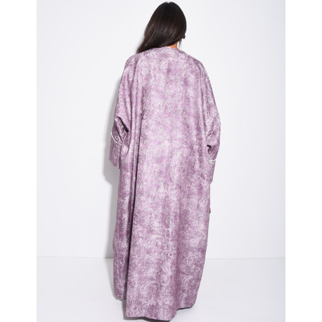 Satin dress and textured kimono set with pearls at the cuffs