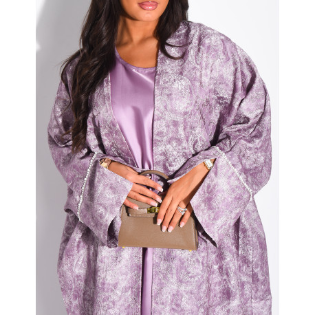 Satin dress and textured kimono set with pearls at the cuffs