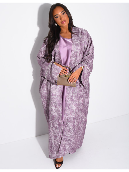 Satin dress and textured kimono set with pearls at the cuffs