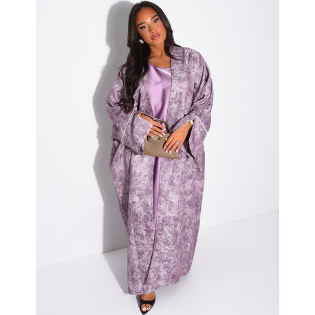 Satin dress and textured kimono set with pearls at the cuffs
