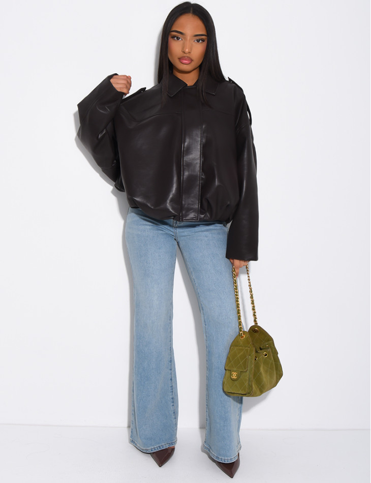 Flared faux leather bomber jackets