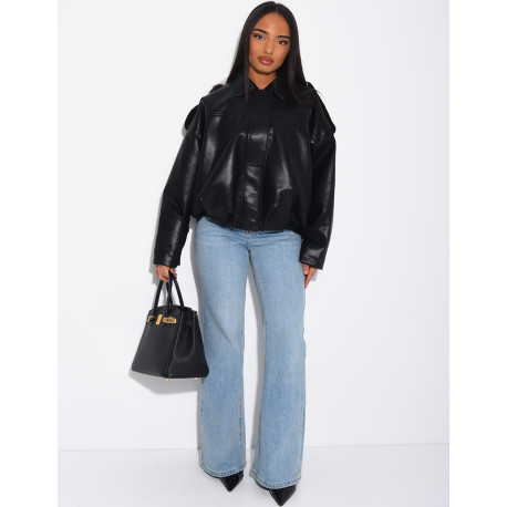 Bomberjacke aus Kunstleder mit weiten Ärmeln