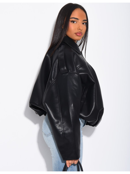 Bomberjacke aus Kunstleder mit weiten Ärmeln