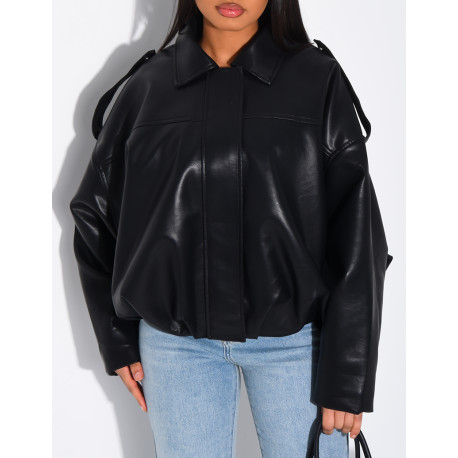 Bomberjacke aus Kunstleder mit weiten Ärmeln