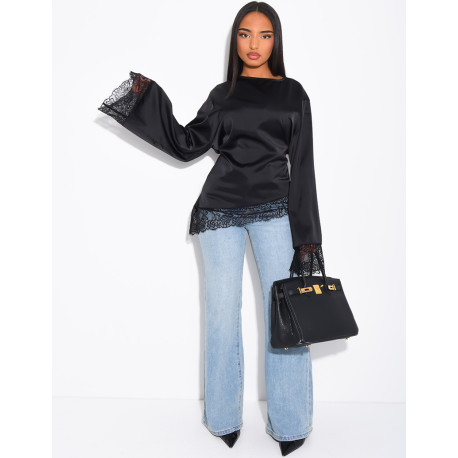 Satiniertes Oberteil mit langen Ärmeln, im Rücken gebunden und Spitzenbesatz