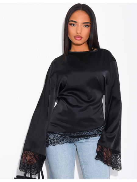 Satiniertes Oberteil mit langen Ärmeln, im Rücken gebunden und Spitzenbesatz