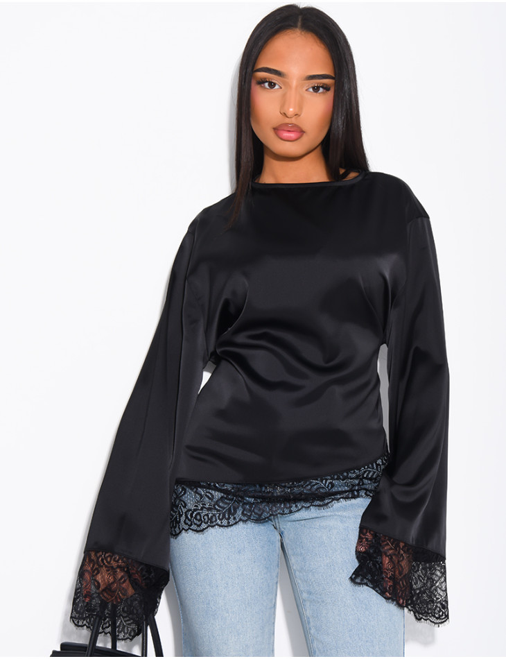 Satiniertes Oberteil mit langen Ärmeln, im Rücken gebunden und Spitzenbesatz
