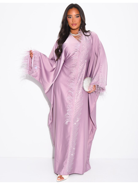 Crystal butterfly abaya with feather trim