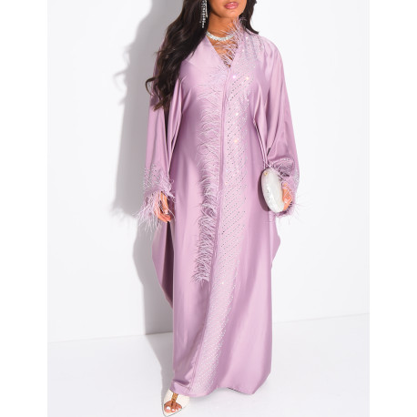 Crystal butterfly abaya with feather trim