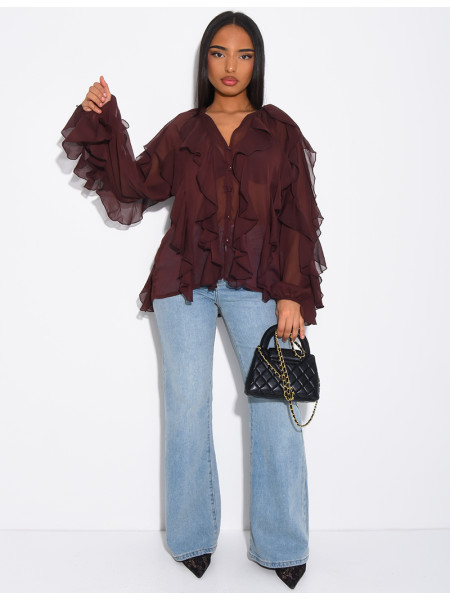 Transparent voile blouse with ruffles