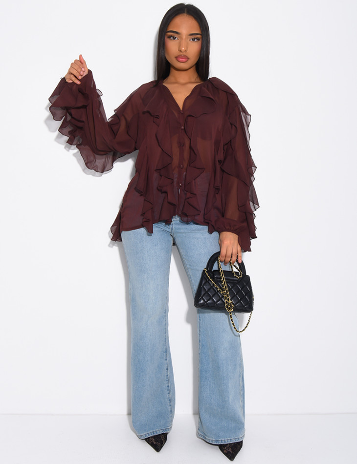 Transparent voile blouse with ruffles
