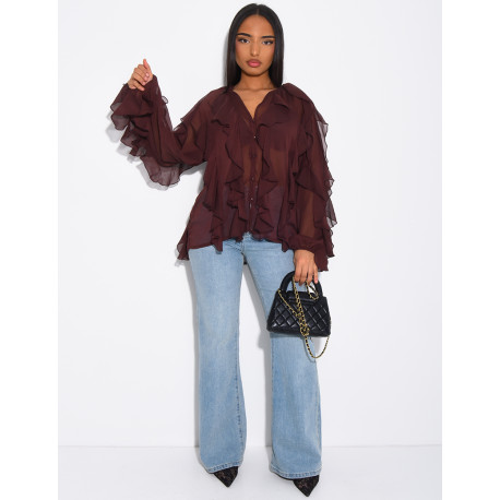 Transparent voile blouse with ruffles