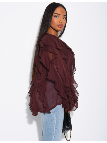 Transparent voile blouse with ruffles