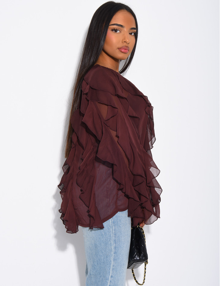 Transparent voile blouse with ruffles