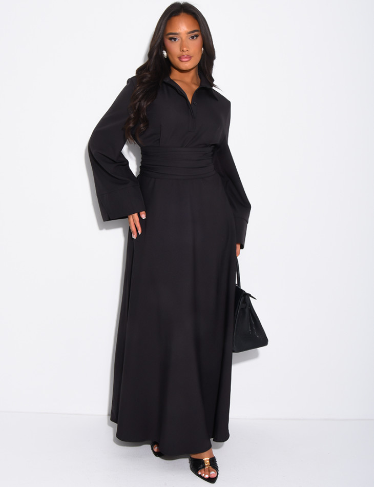 Long shirt dress with belted waist and draped effect