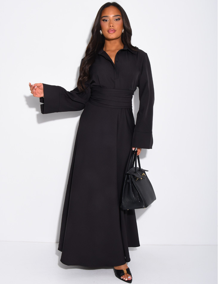 Long shirt dress with belted waist and draped effect