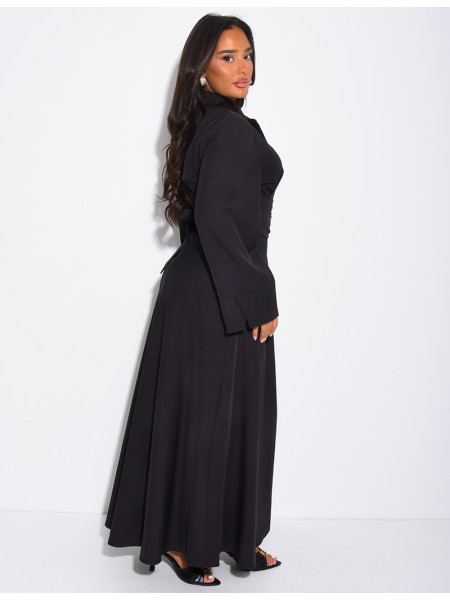 Long shirt dress with belted waist and draped effect