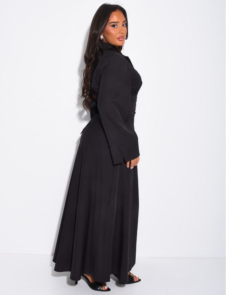 Long shirt dress with belted waist and draped effect