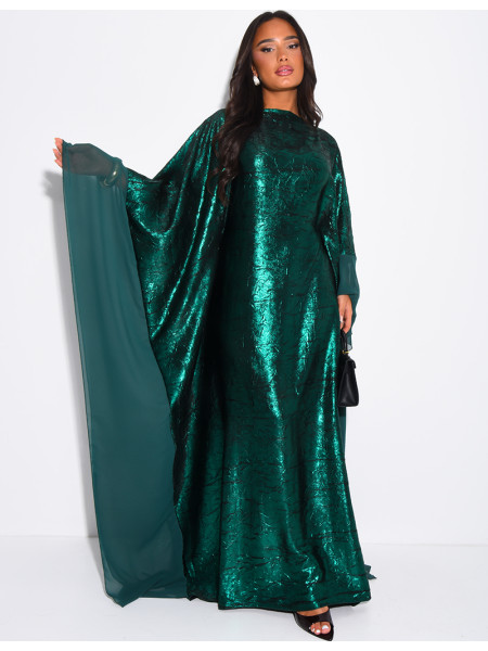 Abaya mit Schmetterlingsmuster aus glänzendem Stoff und Voile-Bordüren