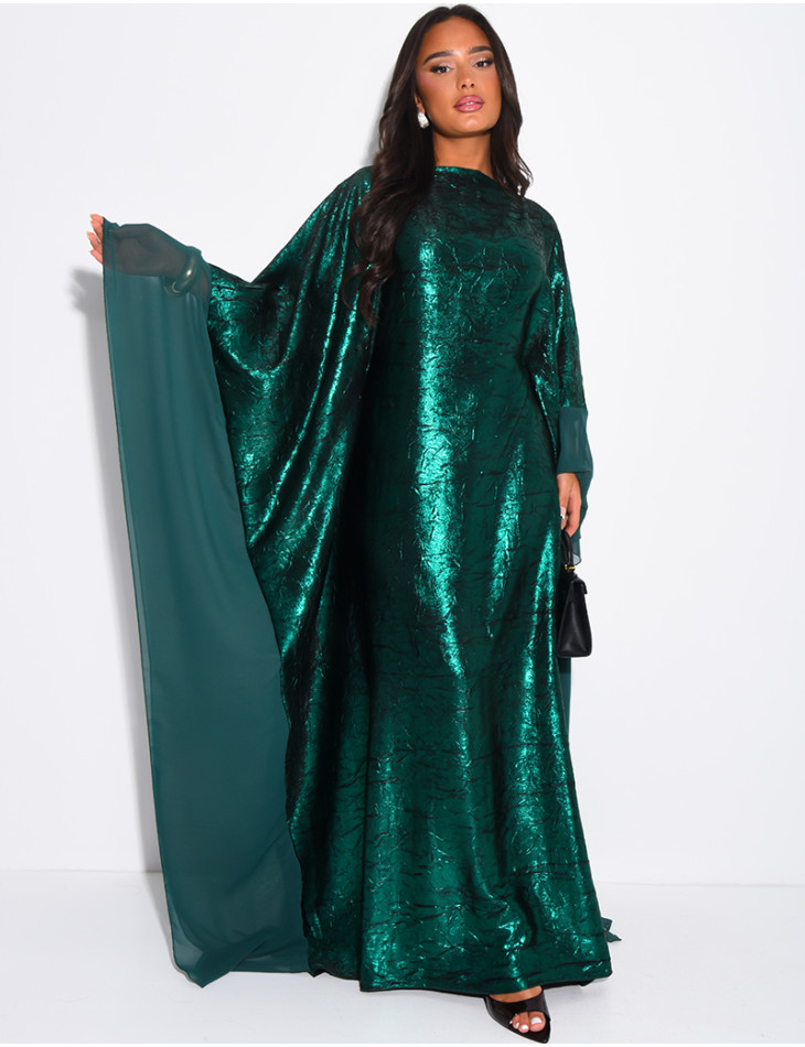 Abaya mit Schmetterlingsmuster aus glänzendem Stoff und Voile-Bordüren