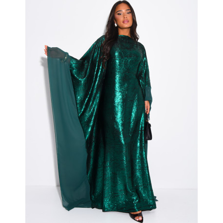 Abaya mit Schmetterlingsmuster aus glänzendem Stoff und Voile-Bordüren